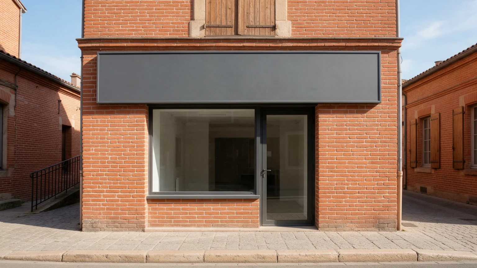 Devanture de commerce en brique à Toulouse : simulation d’une enseigne et d’un marquage publicitaire en vitrine