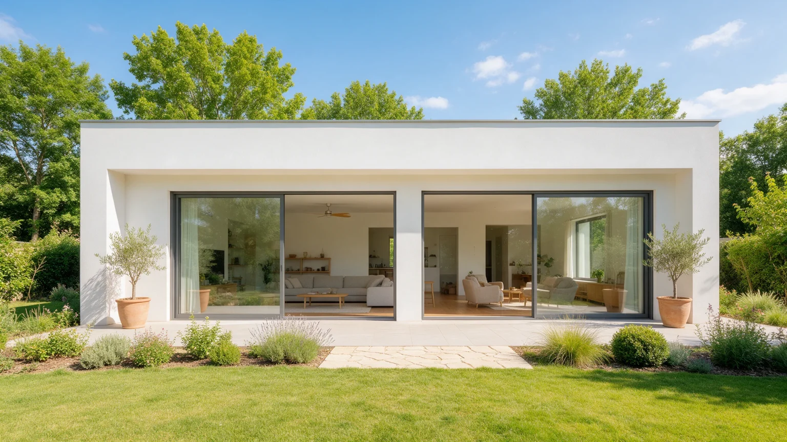 Maison contemporaine avec grandes baies vitrées : simulation de la pose de film solaire sur bâtiment à Toulouse